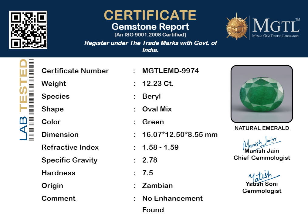 Zambian Emerald - 12.23 Carat Prime Quality EMD-9974