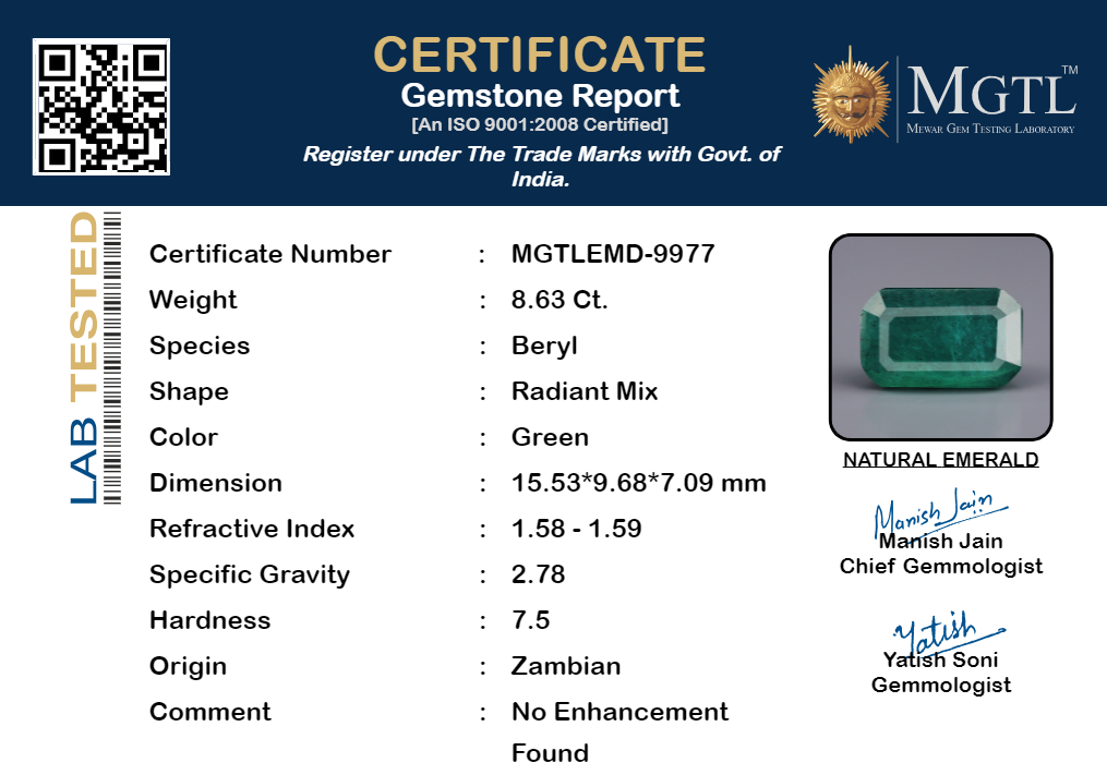 Zambian Emerald - 8.63 Carat Prime Quality EMD-9977