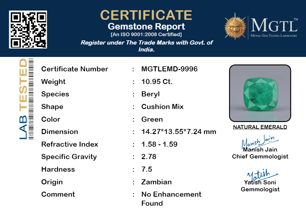 Zambian Emerald - 10.95 Carat Prime Quality EMD-9996