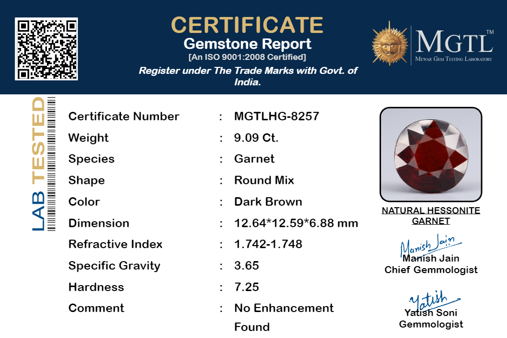 Ceylon Hessonite Garnet  9.09 Carat Limited Quality HG-8257