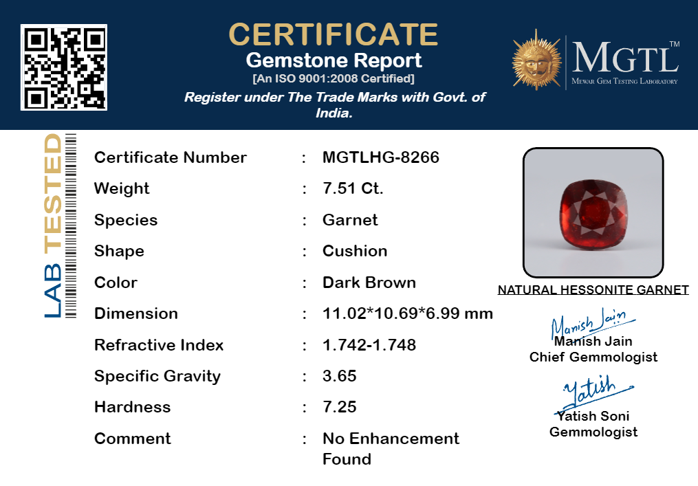 African Hessonite Garnet - 7.51 Carat Prime Quality HG-8266