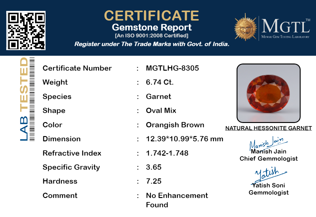 Ceylon Hessonite Garnet - 6.74 Carat Prime Quality HG-8305