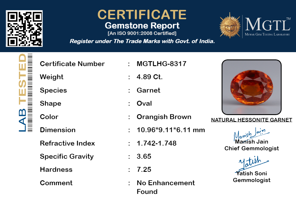 Ceylon Hessonite (Gomed) Garnet - 4.89 Carats Limited Quality HG-8317