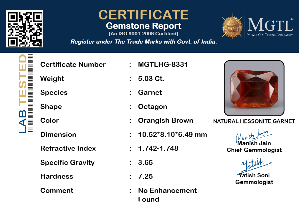 Ceylon Hessonite Garnet - 5.03 Carat Limited Quality HG-8331