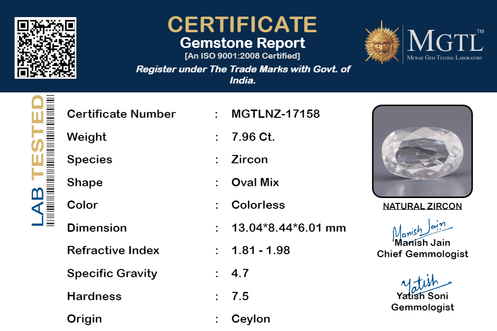 Ceylon Natural Zircon - 7.96 Carat Limited Quality NZ-17158