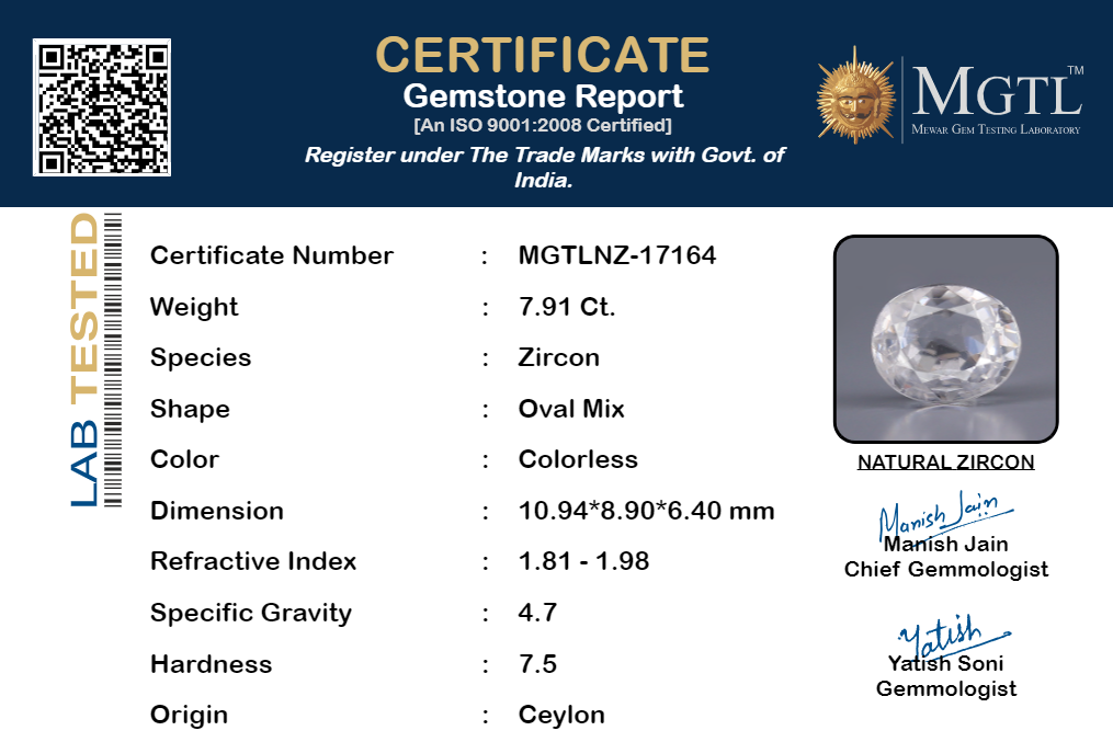 Ceylon Natural Zircon - 7.91 Carat Rare Quality NZ-17164