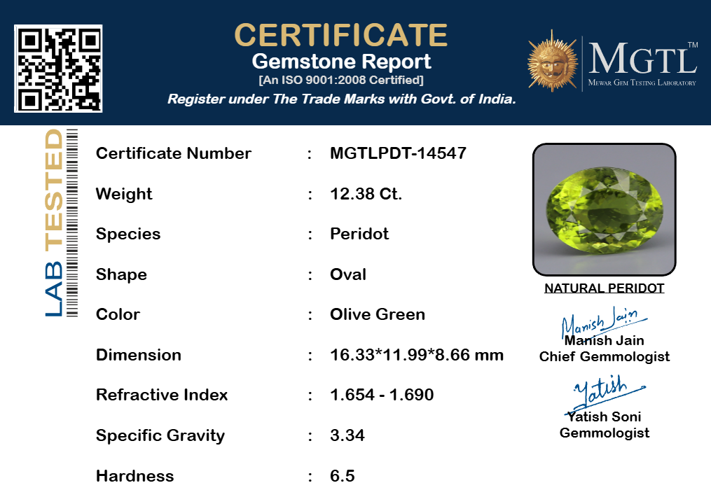 Peridot - 12.38 Carat Rare Quality PDT-14547
