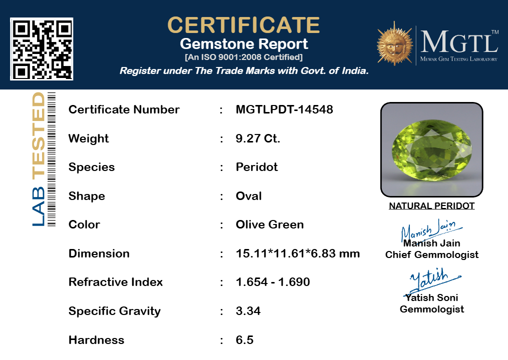 Peridot - 9.27 Carat Rare Quality PDT-14548