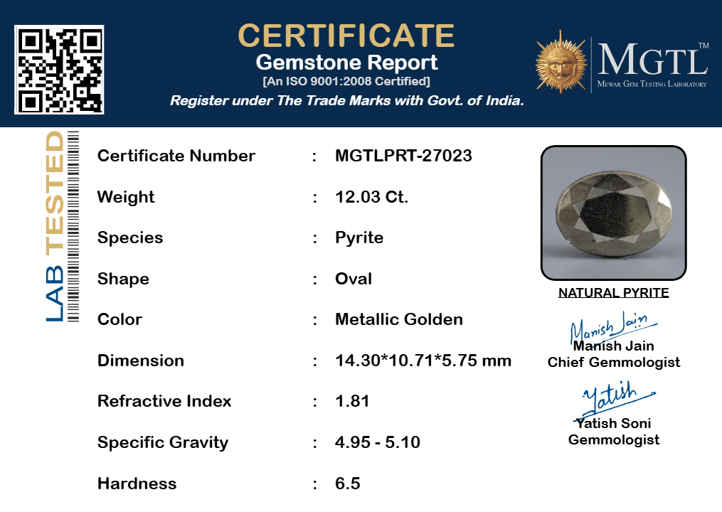 Natural Pyrite - 12.03 Carat Prime Quality PRT-27023