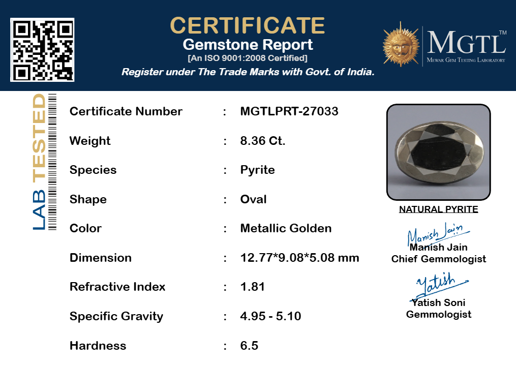 Natural Pyrite - 8.36 Carat Prime Quality PRT-27033