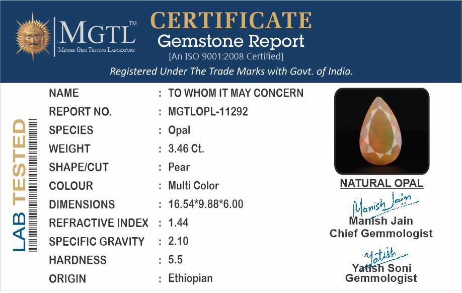 Ethiopia Fire Opal - 4.48 Carat Prime Quality OPL-11292