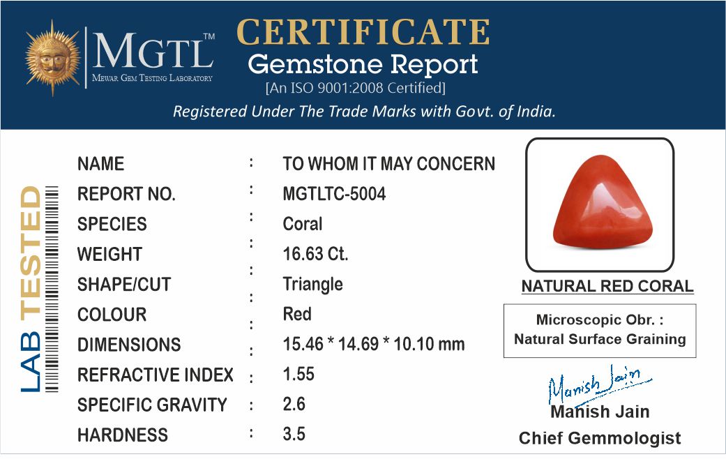 Red Coral - 16.63 Carat (18.38 Ratti - Moonga)