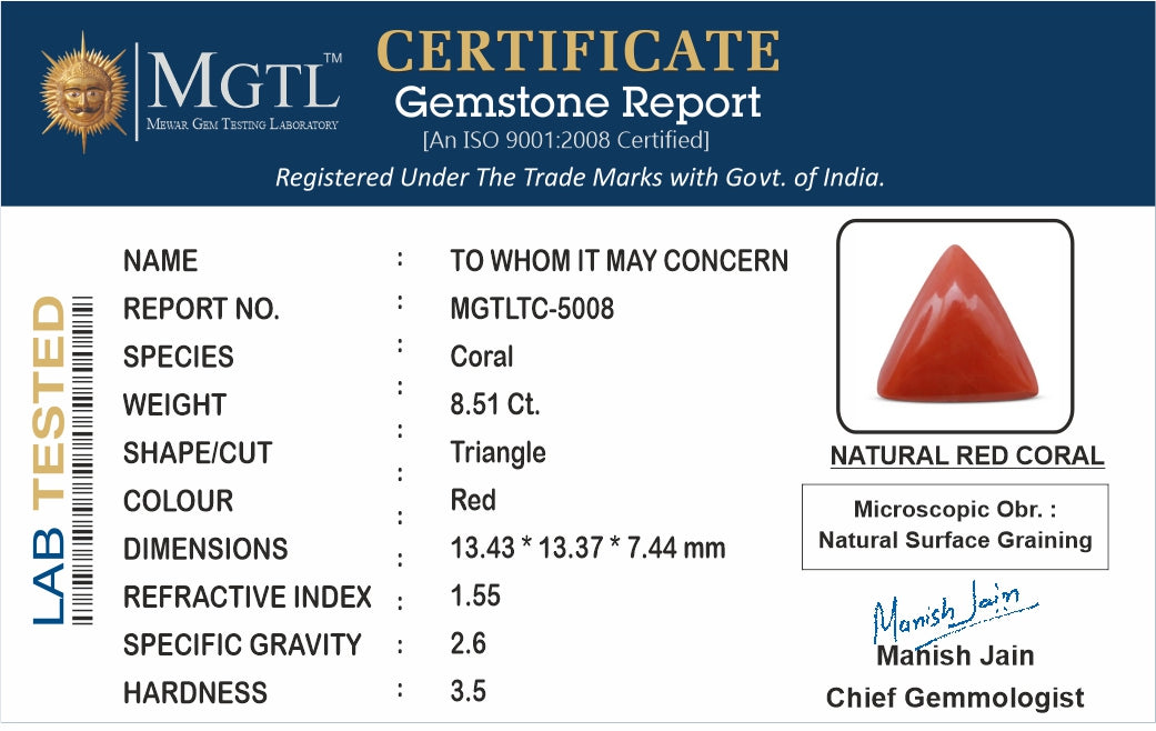 Red Coral - 8.51 Carat (9.40 Ratti - Moonga)