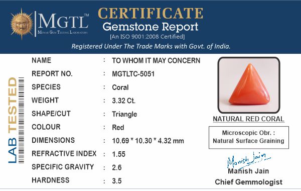 Red Coral - 3.32 Carat (3.67 Ratti - Moonga)
