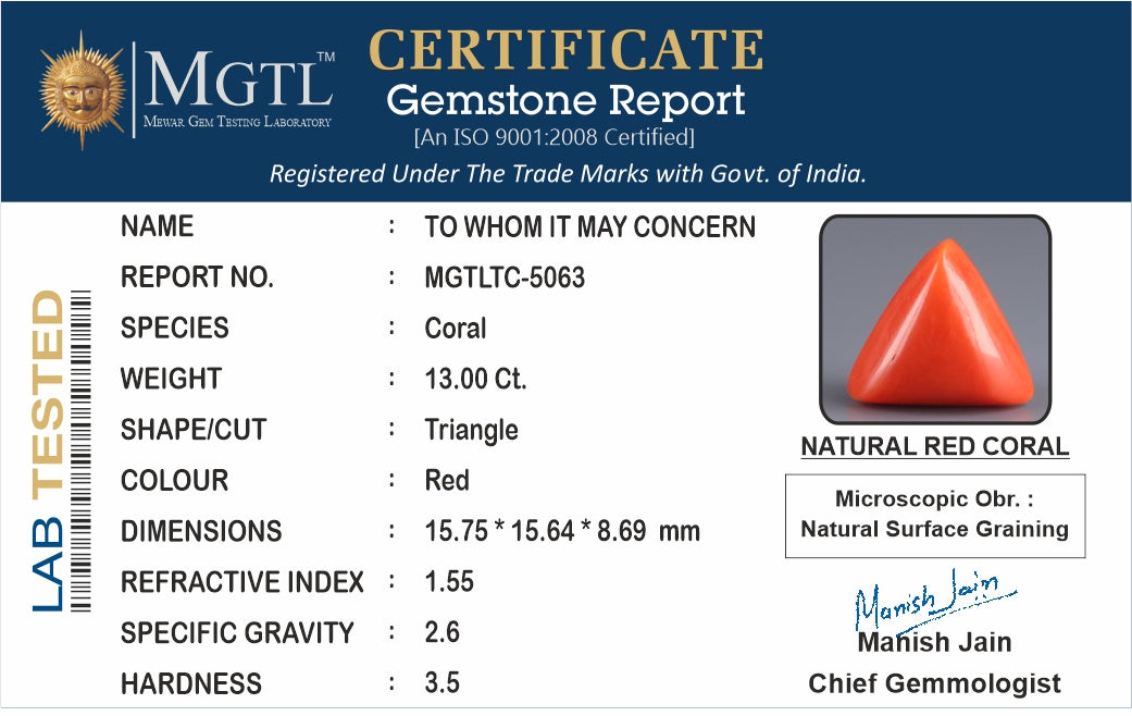 Red Coral - 13.00 Carat (14.36 Ratti - Moonga)
