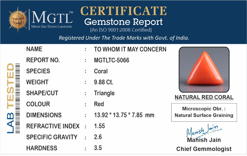 Red Coral - 9.88 Carat (10.92 Ratti - Moonga)