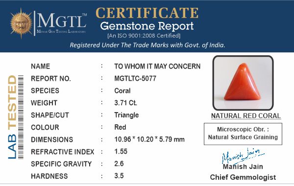 Red Coral - 3.71 Carat (4.10 Ratti - Moonga)