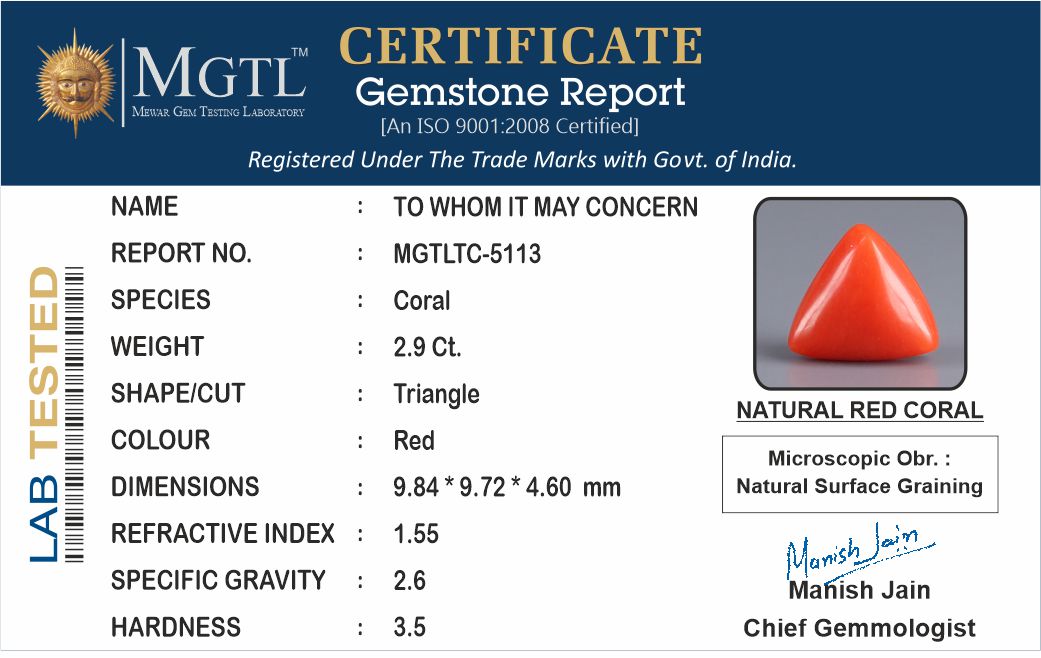 Red Coral - 2.90 Carat (3.20 Ratti - Moonga)