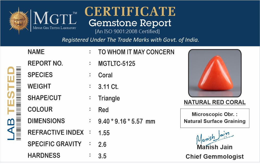 Red Coral - 3.11 Carat (3.44 Ratti - Moonga)