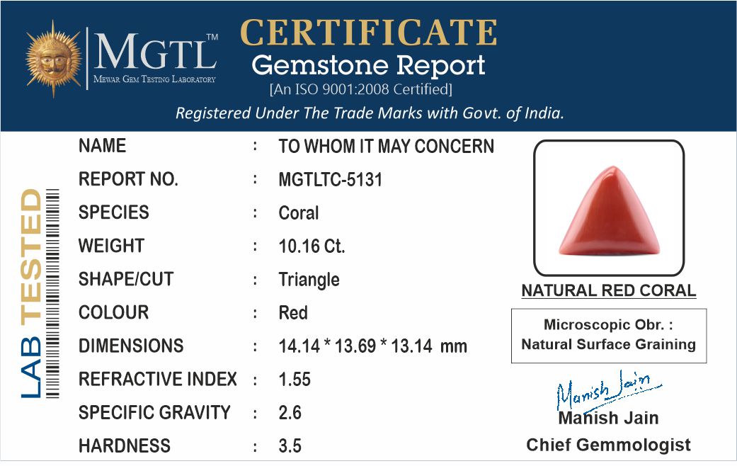 Red Coral - 10.16 Carat (11.23 Ratti - Moonga)