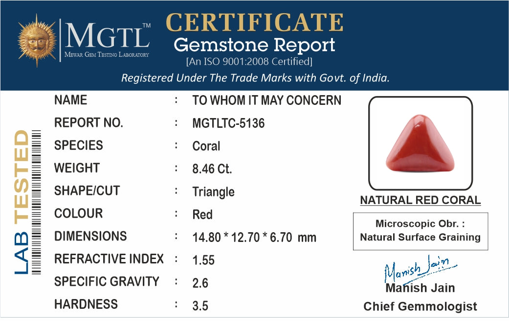Red Coral - 8.46 Carat (9.35 Ratti - Moonga)