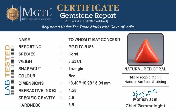 Red Coral - 3.65 Carat (4.03 Ratti - Moonga)