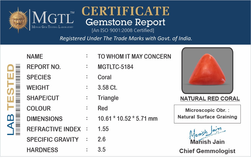 Red Coral - 3.58 Carat (3.96 Ratti - Moonga)