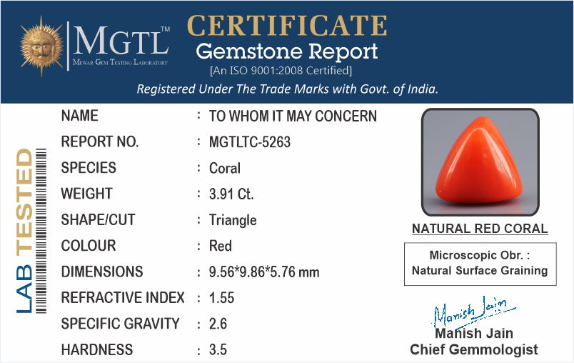 Red Coral - 3.91 Carat (4.32 Ratti - Moonga)