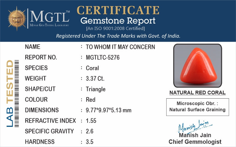Red Coral - 3.37 Carat (3.72 Ratti - Moonga)