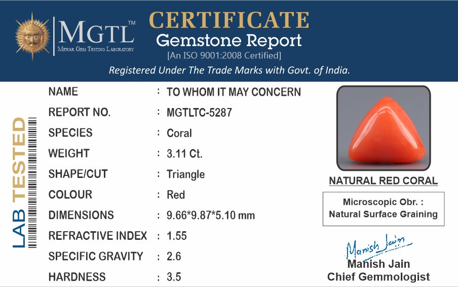 Red Coral - 3.11 Carat (3.44 Ratti - Moonga)