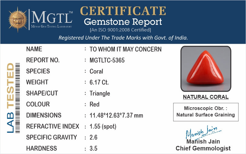 Red Coral - 6.17 Carat (6.82 Ratti - Moonga)