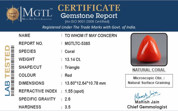 Red Coral - 13.14 Carat (14.52 Ratti - Moonga)