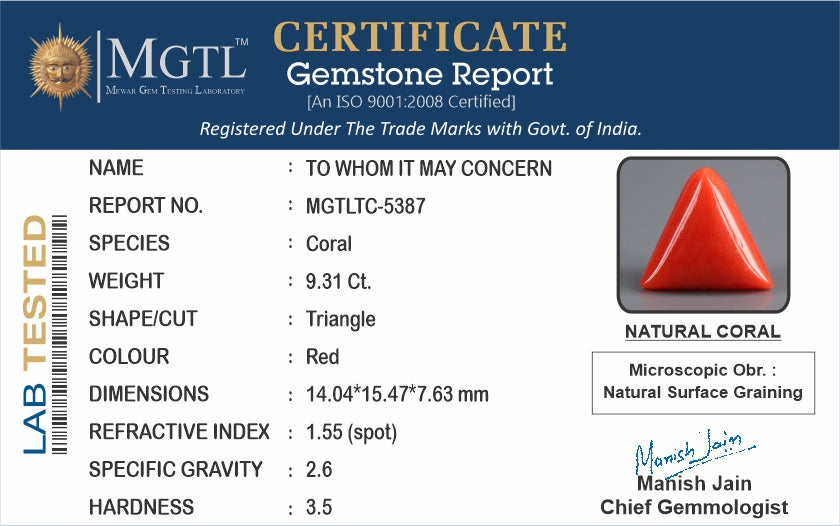 Red Coral - 9.31 Carat (10.29 Ratti - Moonga)
