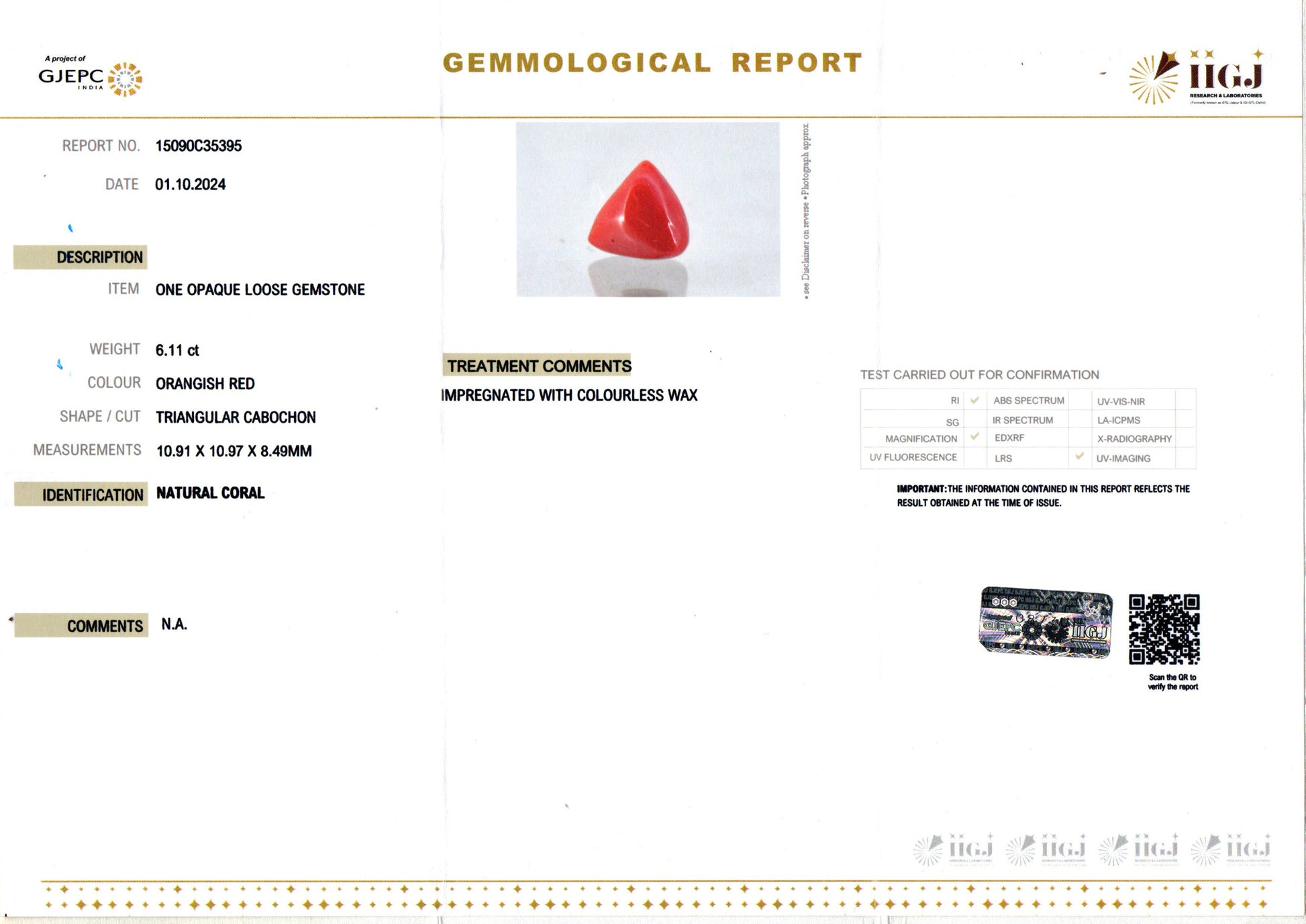 Italian Red Coral - 6.11 Carat Prime Quality TC-5394