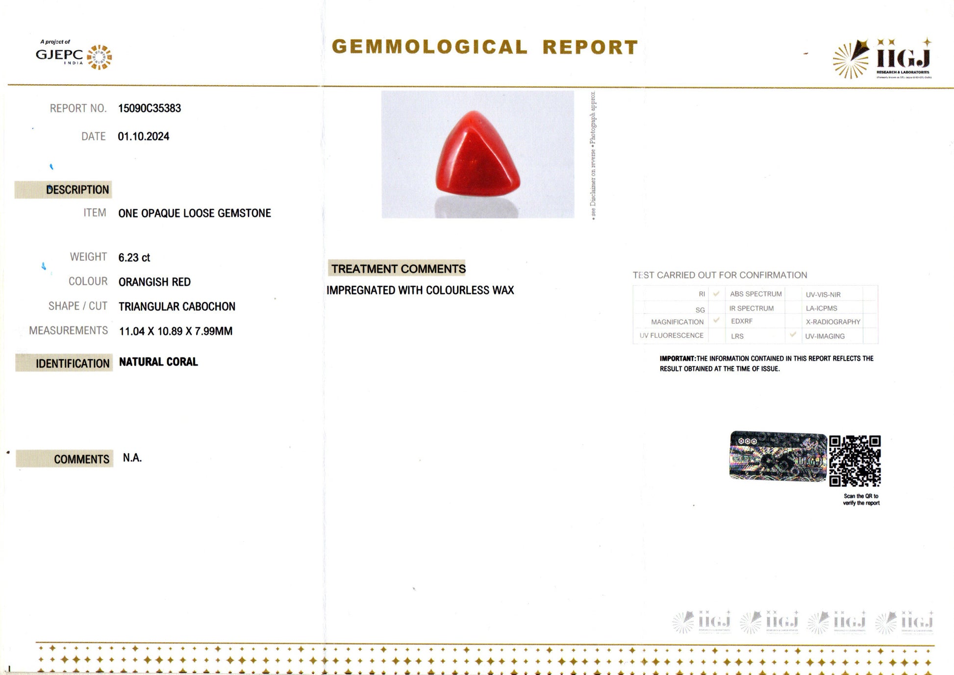 Italian Red Coral - 6.23 Carat Prime Quality TC-5401