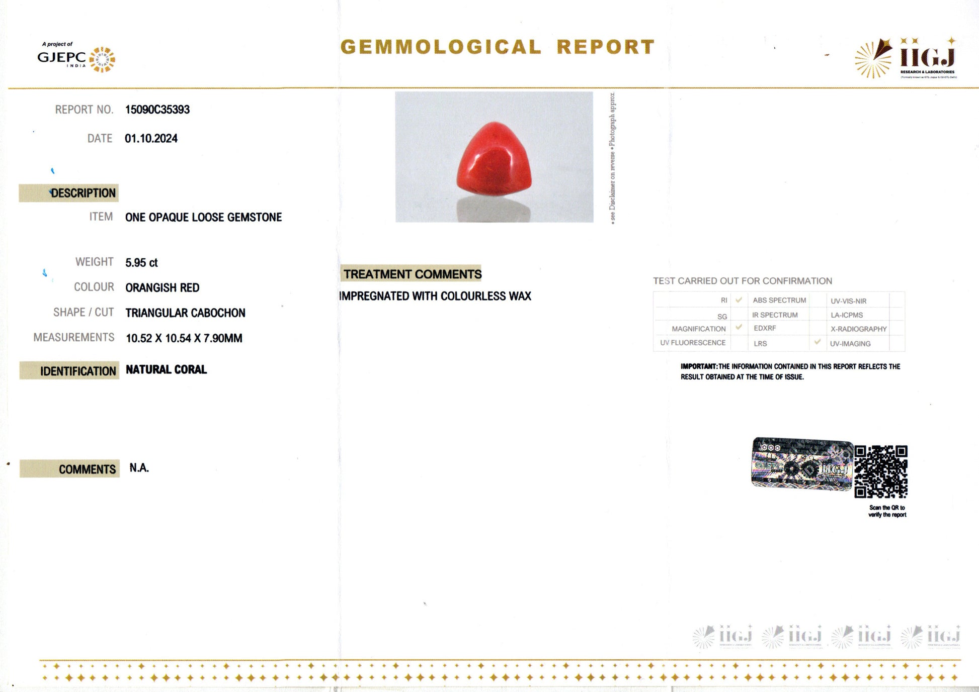 Italian Red Coral - 5.95 Carat Prime Quality TC-5403