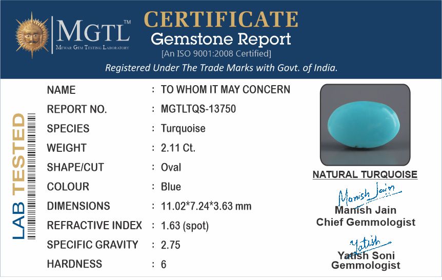 Arizona Turquoise - 2.11 Carat Prime Quality TQS-13750