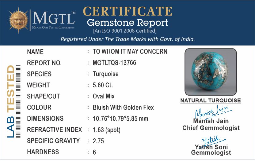 Irani Turquoise - 5.60 Carat Prime Quality TQS-13766