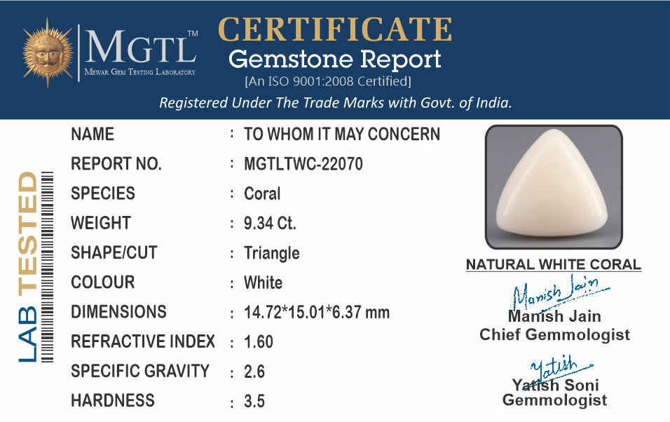 Italian White Coral - 9.34 Carat Limited Quality TWC-22070
