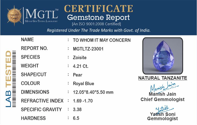 Tanzanite Gemstone - 4.21 Carat Prime Quality TZ-23001