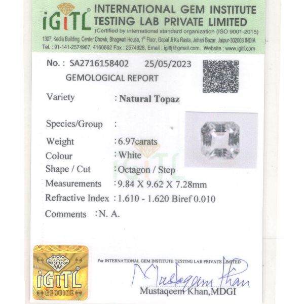 White Topaz - 6.97 Carat Prime Quality WT-14035