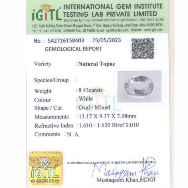 White Topaz - 8.43 Carat Prime Quality WT-14054