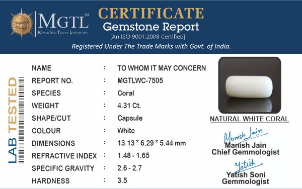 Japanese White Coral - 4.31 Carat Prime Quality WC-7505