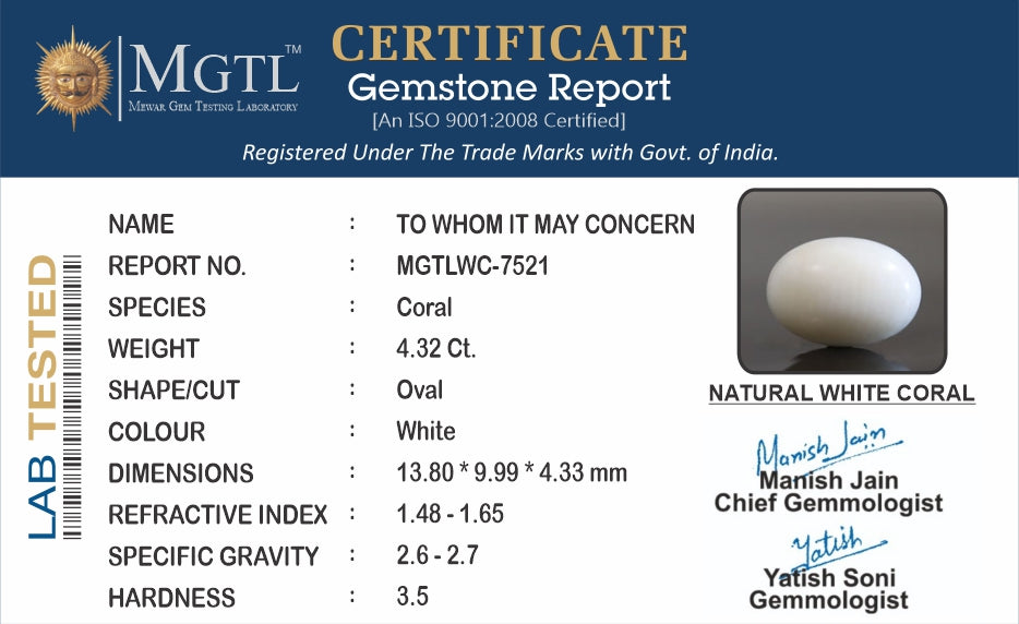 Japanese White Coral - 4.32 Carat Prime Quality WC-7521