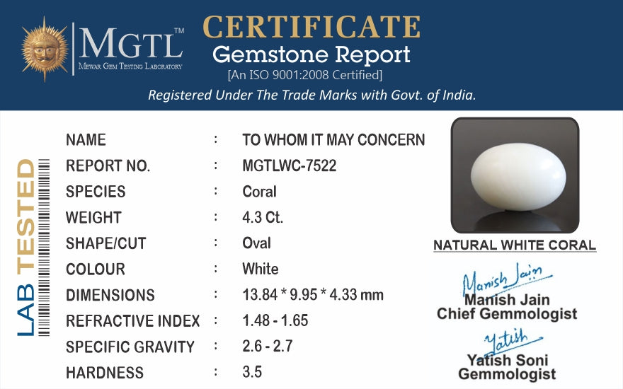 Japanese White Coral - 4.3 Carat Prime Quality WC-7522