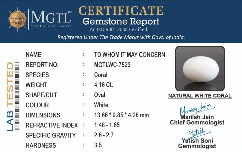 Japanese White Coral - 4.16 Carat Prime Quality WC-7523