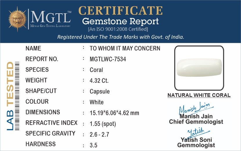 Japanese White Coral - 4.32 Carat Prime Quality WC-7534