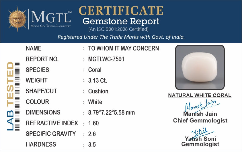 Italian White Coral - 3.13 Carat Prime Quality WC-7591