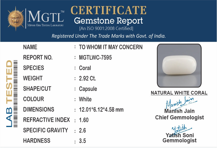Italian  White Coral - 2.92 Carat Prime Quality WC-7595