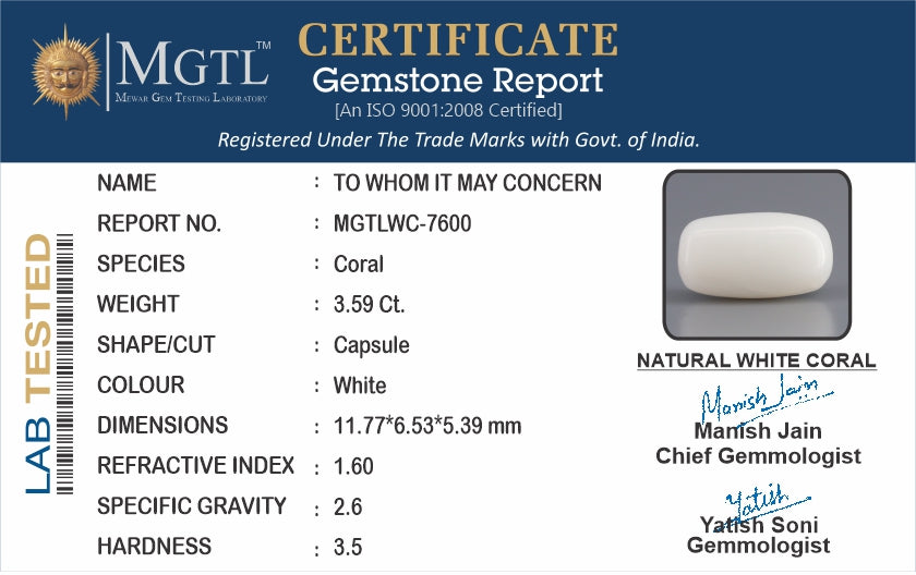 Italian  White Coral - 3.59 Carat Prime Quality WC-7600